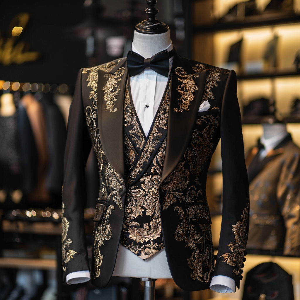 Mannequin dressed in an ornate black tuxedo with intricate gold embroidery and a bow tie, displayed in a suit shop