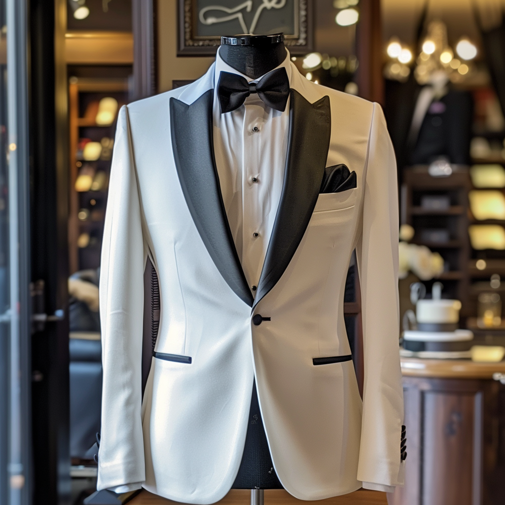 Mannequin dressed in a formal white tuxedo with black lapels and bow tie