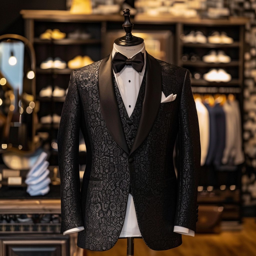 Mannequin dressed in a patterned tuxedo with bow tie in a clothing store