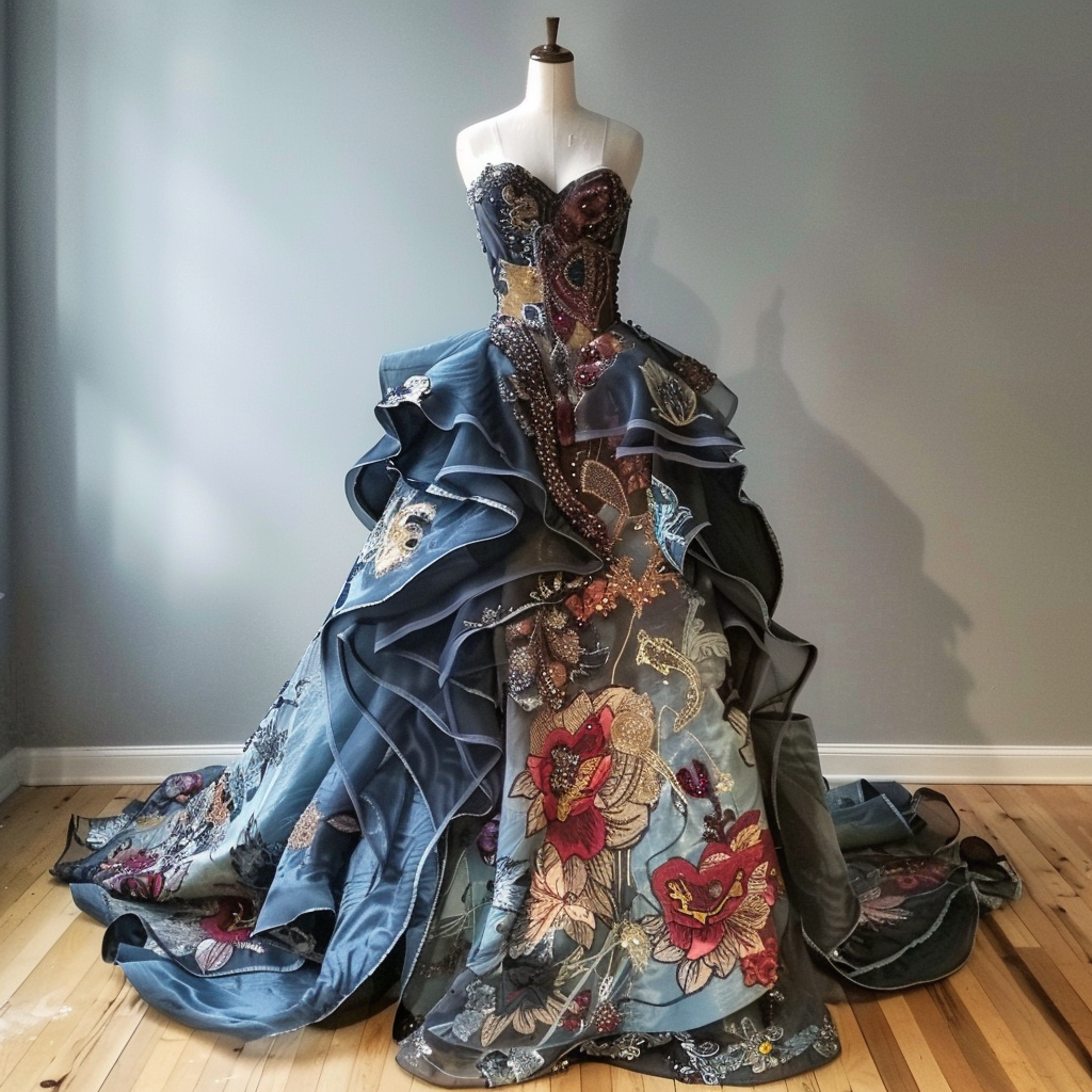 Mannequin displaying an elaborate gown with ruffled skirt and floral beadwork