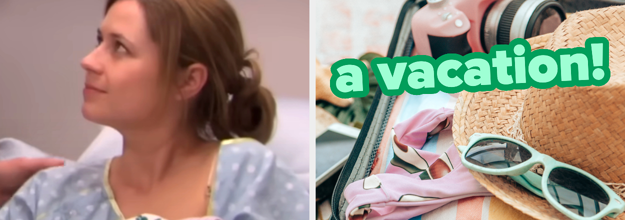 On the left, Pam from The Office holding a baby, and on the right, an open suitcase labeled a vacation
