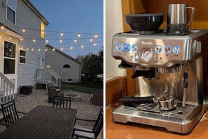 Left: Outdoor patio with furniture and string lights. Right: Stainless steel espresso machine on counter