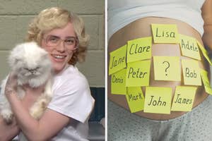 On the left, Billie Eilish holding a fluffy cat in an SNL sketch, and on the right, a pregnant belly covered in sticky notes with names written on them