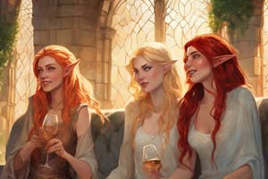 Three elven characters with pointed ears, in medieval-inspired attire, holding wine glasses, appear engaged in conversation