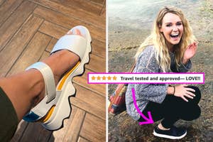 reviewer wearing white chunky sandals / reviewer wearing black slip on shoes with 5 star review saying "travel tested and approved - love!!"