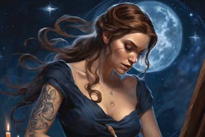 Illustration of a woman with flowing hair and a tattoo on her arm, against a moonlit night sky