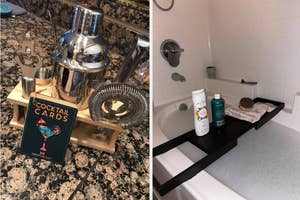 Left: Cocktail making kit with tools and cards on kitchen counter. Right: Bathroom shelf with toiletries and towel