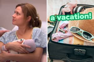 On the left, Pam from The Office holding a baby, and on the right, an open suitcase labeled a vacation