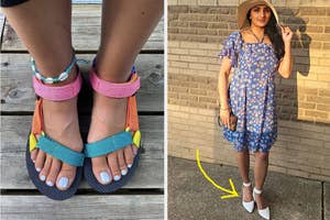 Close-up of colorful sandals with straps and a reviewer in a floral dress, wide-brimmed hat and white heels