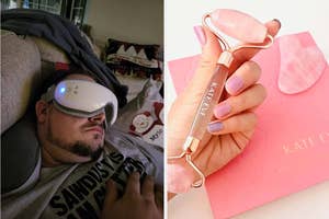 Person using a VR headset lying down and a hand holding a rose quartz facial roller