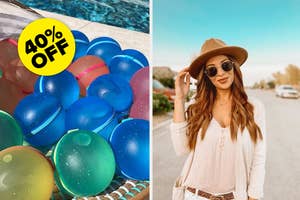 Promotion graphic with 40% off sign over water balloons and woman in trendy hat and sunglasses, white top, and accessories
