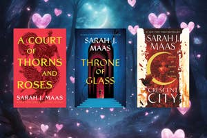 Three book covers by Sarah J. Maas: "A Court of Thorns and Roses," "Throne of Glass," and "House of Earth and Blood."