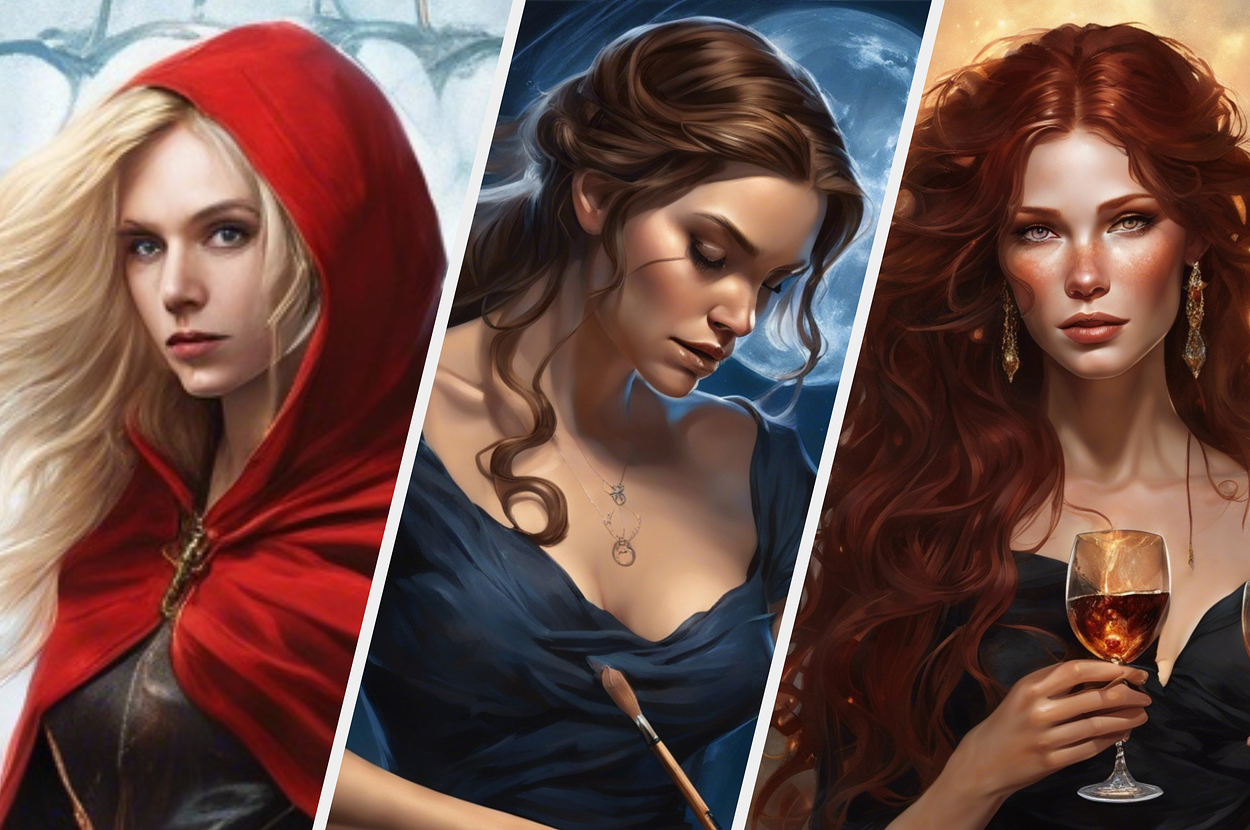 Three illustrated fantasy women, one with a red cape, one with a blue dress, and one holding a wine glass