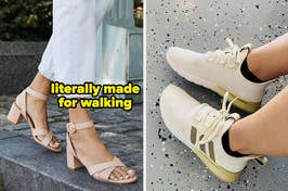 Two side-by-side photos: left, a person wearing beige heeled sandals; right, another in cream sneakers with gold accents