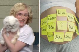 On the left, Billie Eilish holding a fluffy cat in an SNL sketch, and on the right, a pregnant belly covered in sticky notes with names written on them