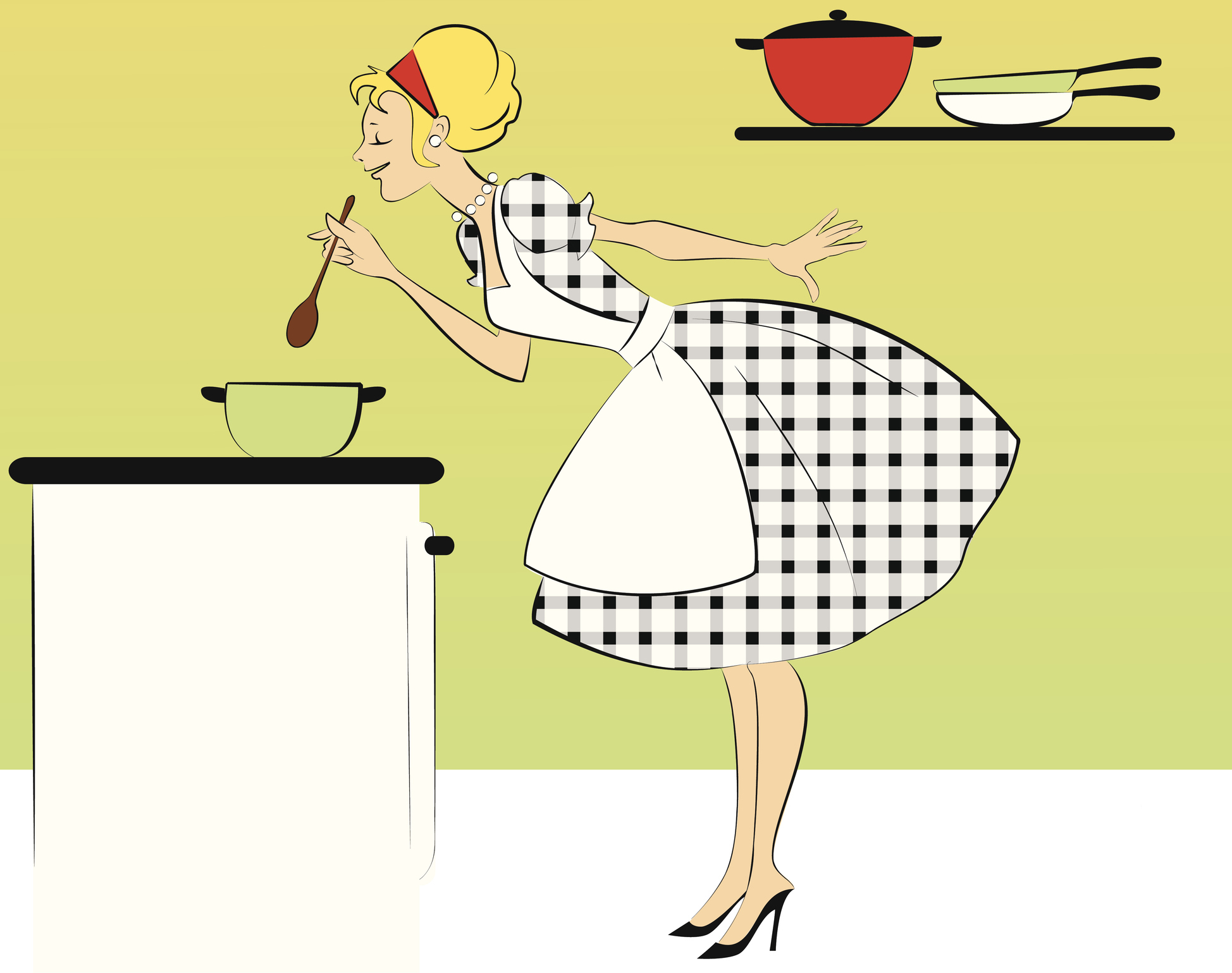 Illustration of Cinderella tasting soup in a kitchen with a pot on the stove. She&#x27;s wearing an apron over a checkered dress