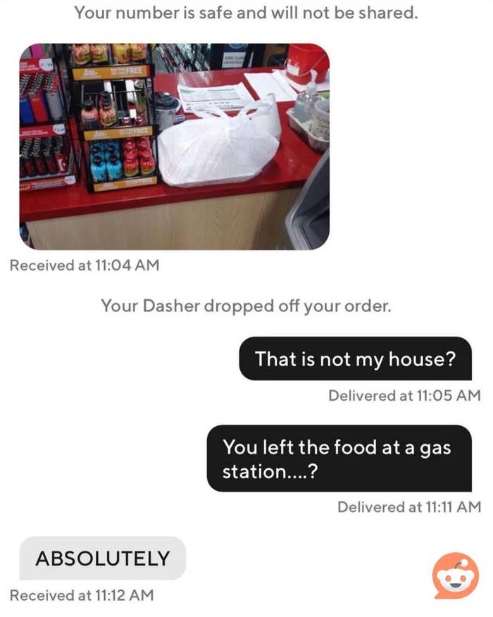 Text message exchange about a food delivery mistakenly left at a gas station counter with the delivery person saying "ABSOLUTELY"