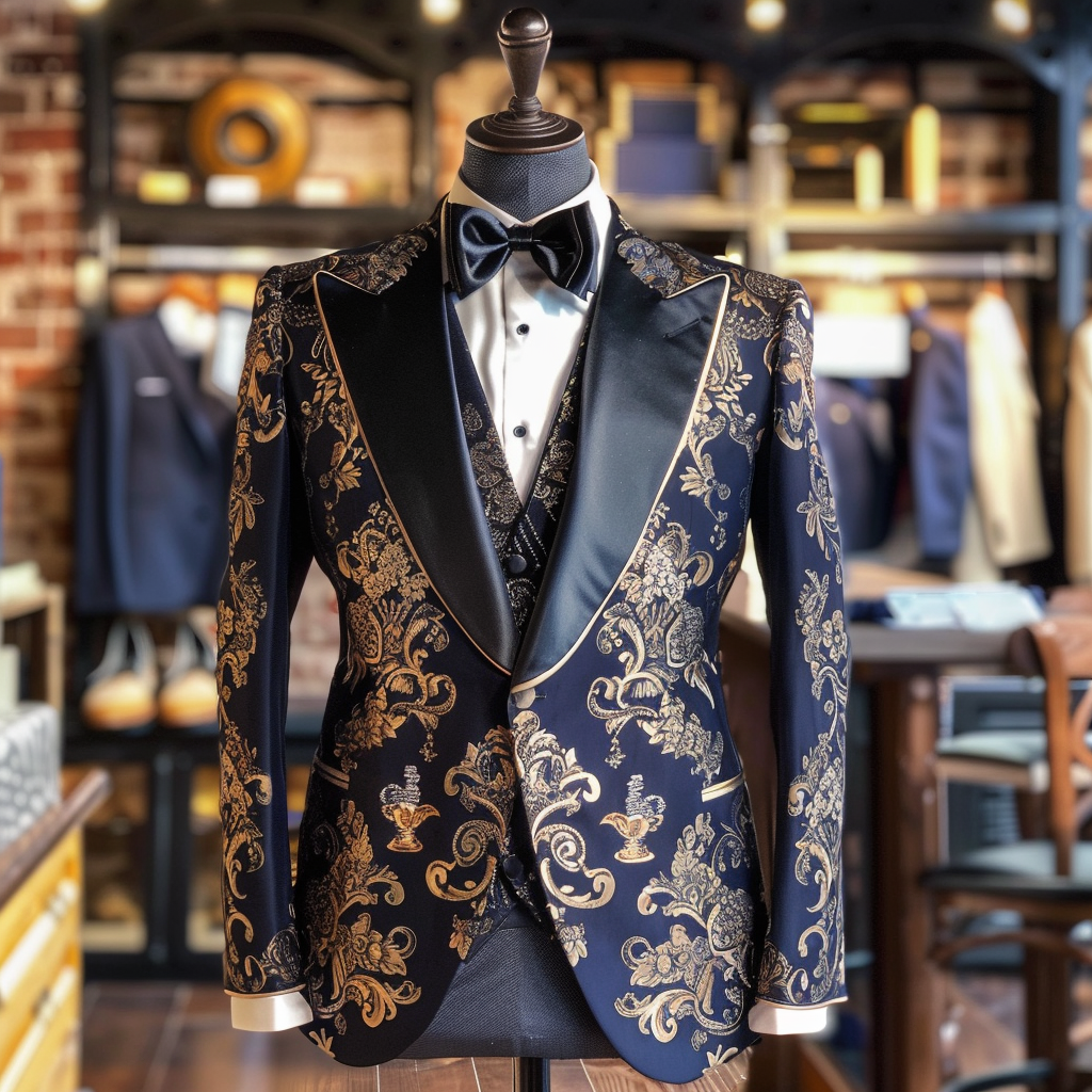 Mannequin displaying an ornate tuxedo with gold pattern details against a backdrop of a clothing store