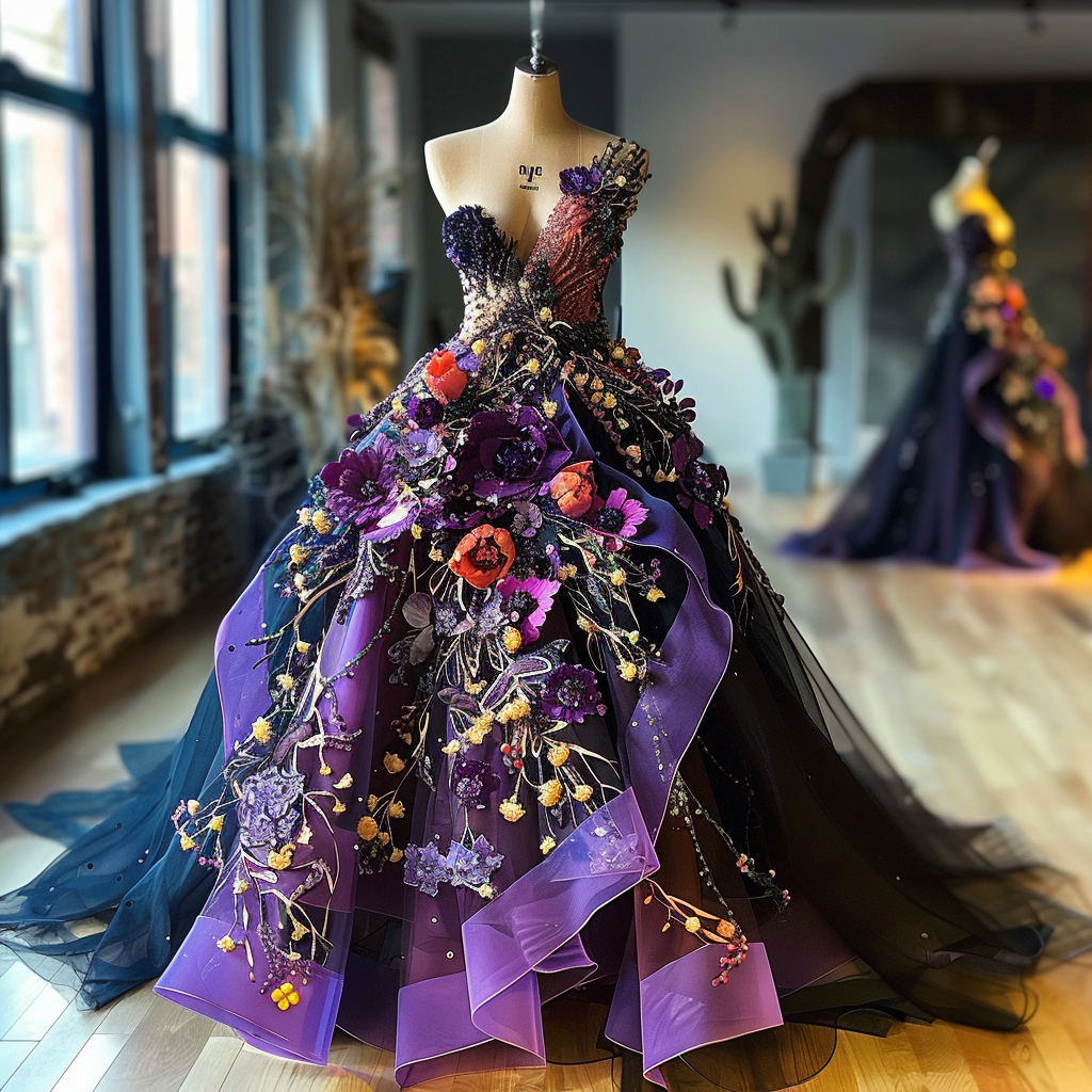 Mannequin displaying an elaborate floral gown with layered purple skirt and embellished bodice