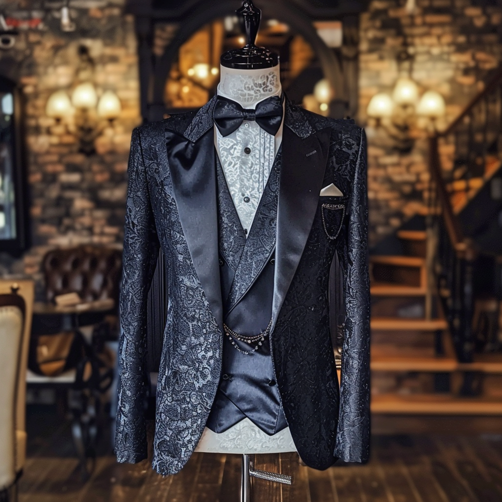 Elegant mannequin displaying a tuxedo with paisley patterns and a bow tie
