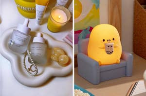 reviewer's cloud-shaped trinket tray and a potato drinking boba lamp