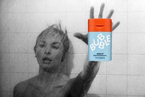 Woman falling in the shower in "Psycho" and Bubble moisturizer.