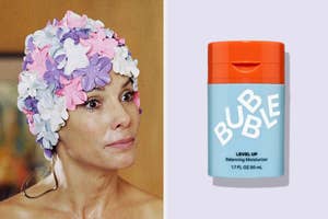 Sandra Bullock in a flower shower cap and a bottle of Bubble Balancing Moisturizer