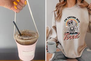 Person holding a coffee cup with sleeve and another wearing a sweatshirt with skull graphic and text
