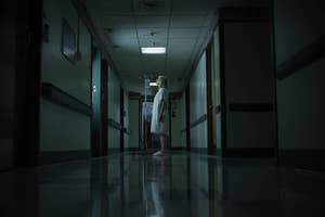 Person in hospital gown in dim hallway; and a sinister face peeking from darkened door crack