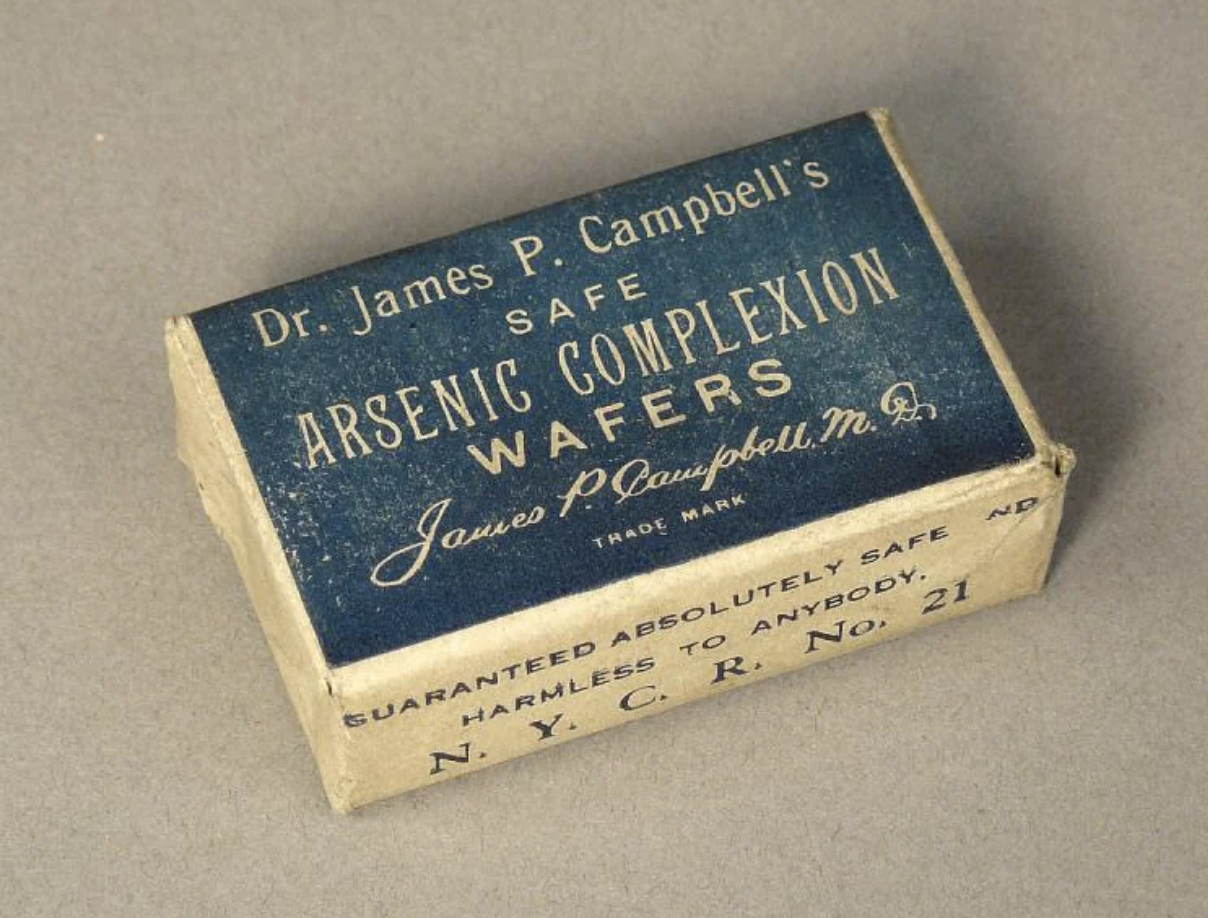A vintage box labeled &quot;Dr. James P. Campbell&#x27;s Safe Arsenic Complexion Wafers&quot; claiming to be safe and harmless