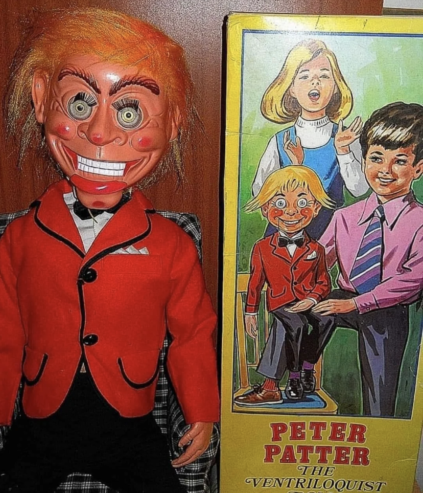 Vintage ventriloquist doll next to a &quot;Peter Patter the Ventriloquist&quot; book cover with illustrated children