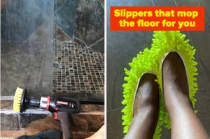 a drill brush attachment and mop slippers