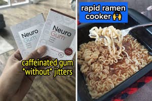 A person's hand holding two packs of NeuroGum next to a Rapid Ramen Cooker with cooked noodles