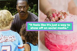 Left: Actor with child actor in a father-daughter pose. Right: A cake with pink icing and sprinkles