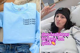 Left: Blue T-shirt with "i need a nap" text, paired with jeans. Right: Cozy home office setup with desk, computer, and warm lighting