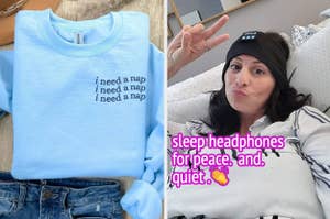 Left: Blue T-shirt with "i need a nap" text, paired with jeans. Right: Cozy home office setup with desk, computer, and warm lighting