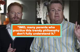 Two men in casual attire, one gesturing, from the TV show "Modern Family"