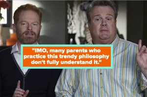 Two men in casual attire, one gesturing, from the TV show "Modern Family"
