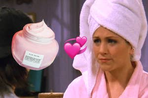 The image on the left shows a jar of Glow Recipe Watermelon Glow Hyaluronic Clay Pore-Tight Facial. On the right is a still of the character Rachel from the TV show "Friends," wearing a towel on her hair