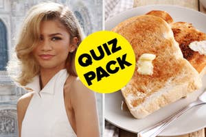 On the left, Zendaya in a stylish outfit on the left, and on the right, two slices of buttered toast with a Quiz Pack badge in the middle