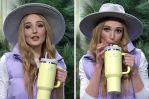 Chloe Fineman in an SNL skit with a wide-brimmed hat and puffy vest, sips from a large yellow Stanley