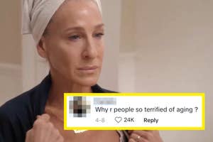 Sarah Jessica Parker in "And Just Like That..." with towel on her head; a social media comment reads, "Why r people so terrified of aging?"