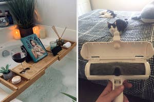 on the left a bathtub caddy, on the right a rolling pet hair remover