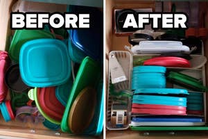 Kitchen drawer before and after organizing plastic containers and lids