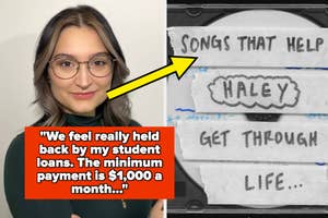 Woman next to a cassette tape illustration with labels "SONGS THAT HELP" and "GET THROUGH LIFE," referencing student loan impacts