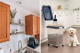 on the left white peel-and-stick backsplash tile, on the right a rolling dog food container