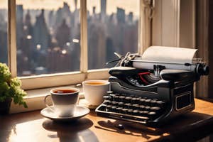 Vintage typewriter on a desk with a cup of tea, near a window overlooking a skyline.