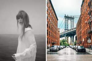 Split image with Taylor Swift on the left and a view of the Manhattan Bridge from Dumbo on the right