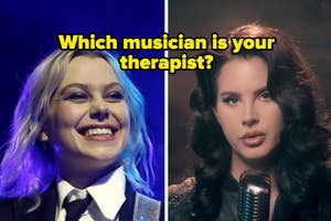 Split image of Phoebe Bridgers and Lana Del Rey performing with the text overlay: "Which musician is your therapist."
