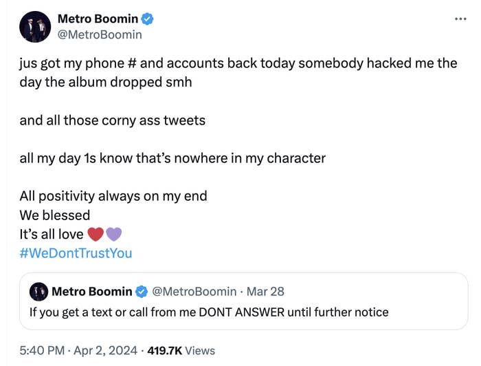 Metro Boomin tweets about being hacked on album release day, advising not to answer calls from his number, expressing positivity